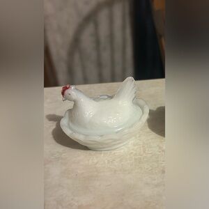 Miniature White Hen on Nest